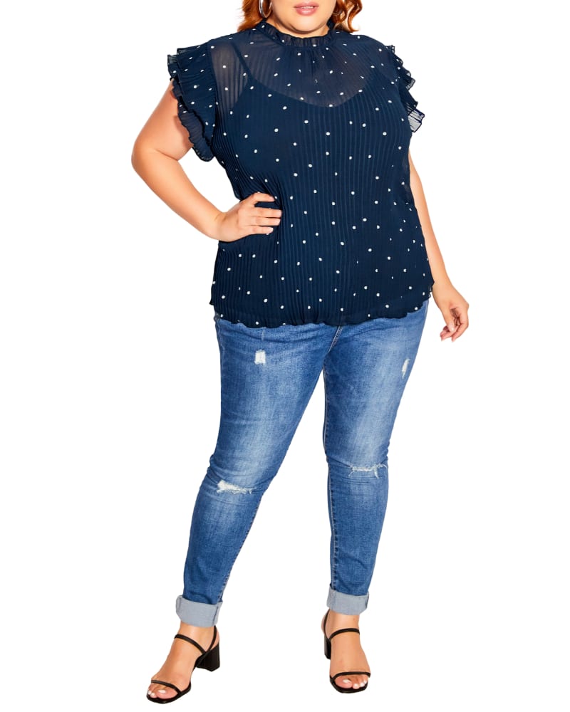 Front of a model wearing a size XS Ariel Pleated Spot Top in Navy / White by City Chic. | dia_product_style_image_id:233521